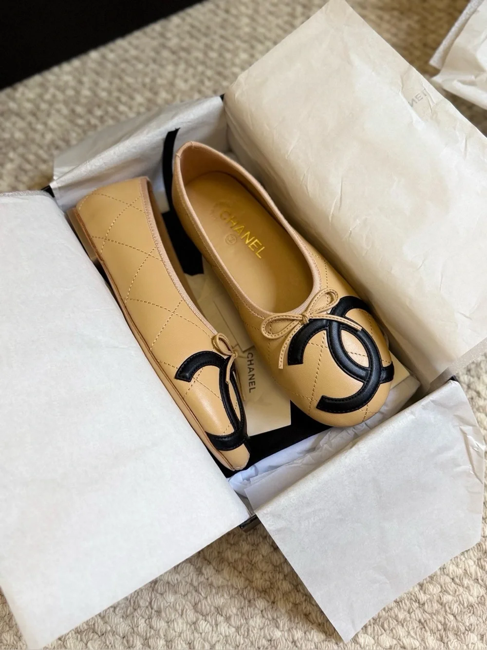 Chanel Beige Black CC Bow Ballet Flats